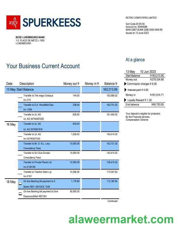 BCEE Luxembourg Bank firm account statement Word and PDF template
